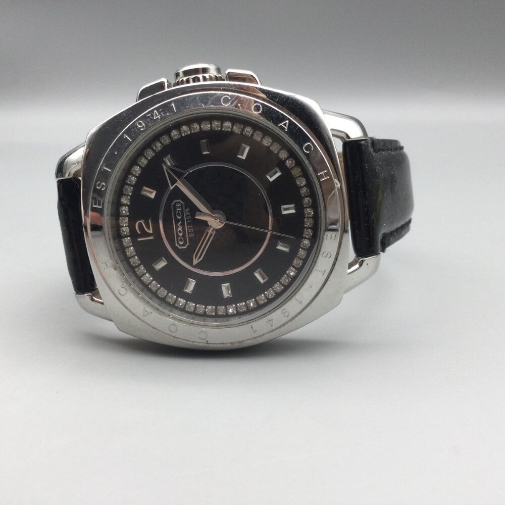 Coach Watch Women 39mm Silver Tone Black Logo Dial Crystals Leather New Battery - Picture 2 of 15